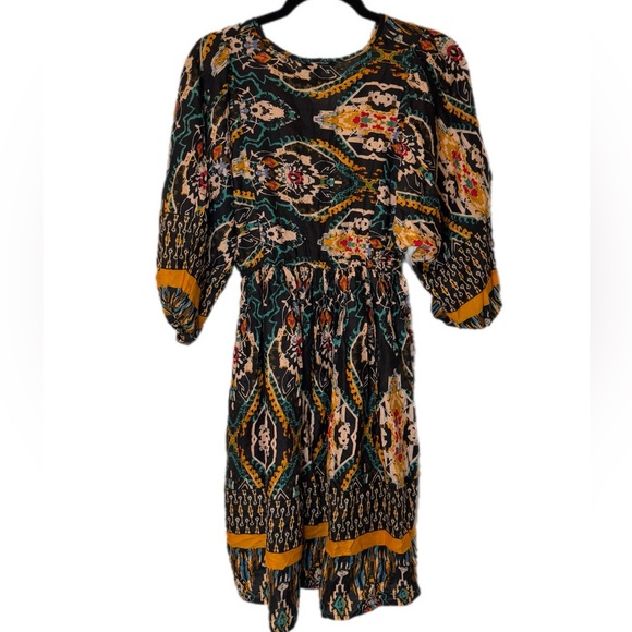 Boho Midi Dress Mixed Print Mustard Trim Elastic Waist Cassees Size M NWT Rayon - Picture 2 of 6